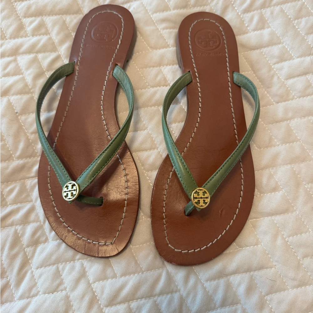 Tory Burch Olive and Chestnut Flip-Flops
